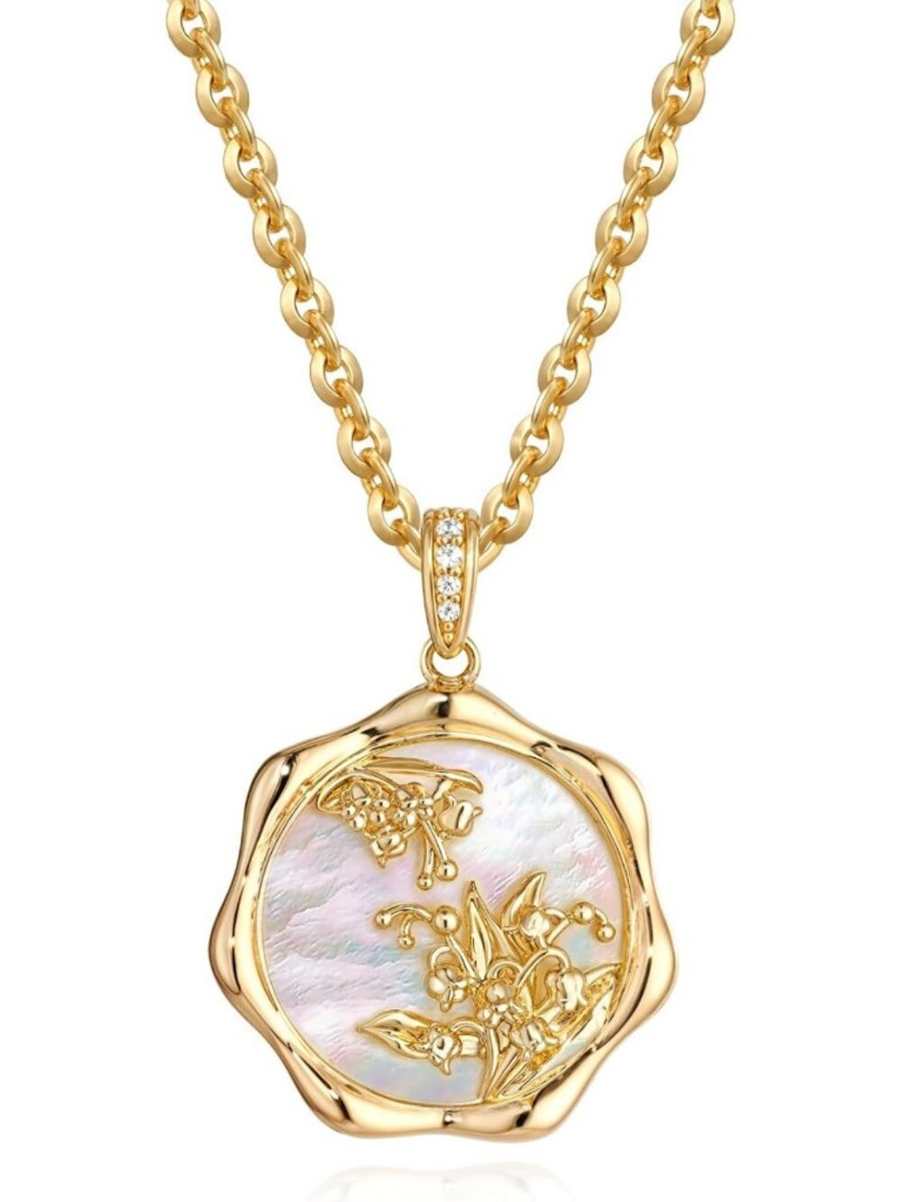 Personalized Birth Flower Necklace - 14K Gold Plated Mother of Pearl Pendant